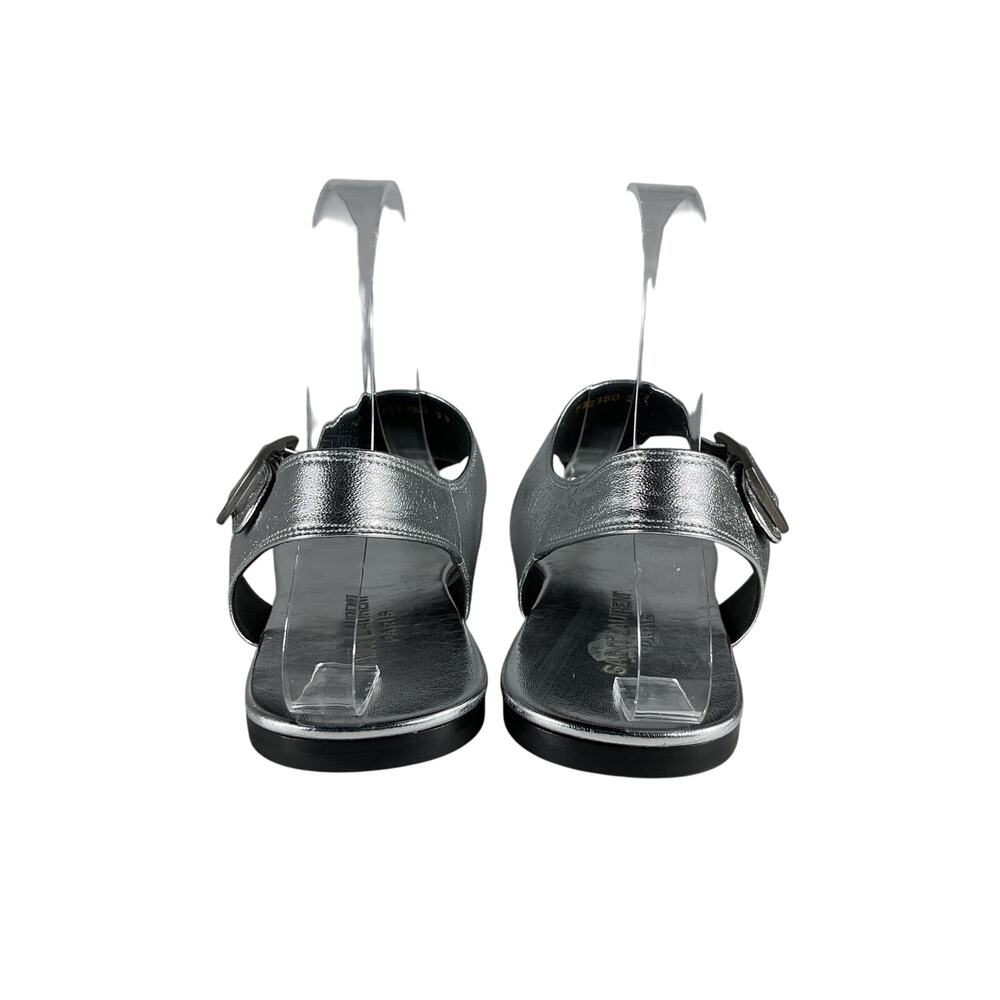 Saint Laurent Ankle Strap Silver Leather Flat Sandals - Picture 4 of 11